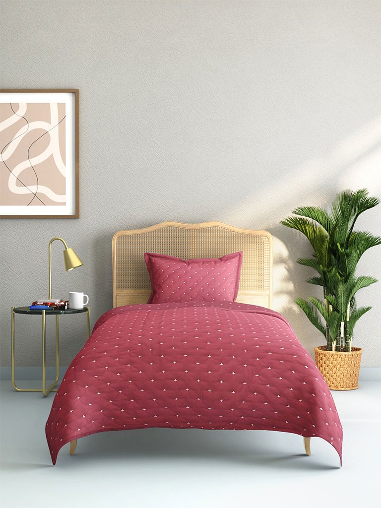 Westside Home Dark Pink Embroidered Quilted Single Bedcover With Pillowcase