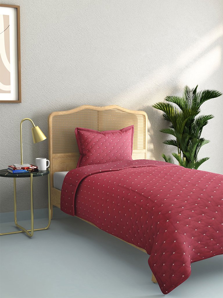 Westside Home Dark Pink Embroidered Quilted Single Bedcover With Pillowcase