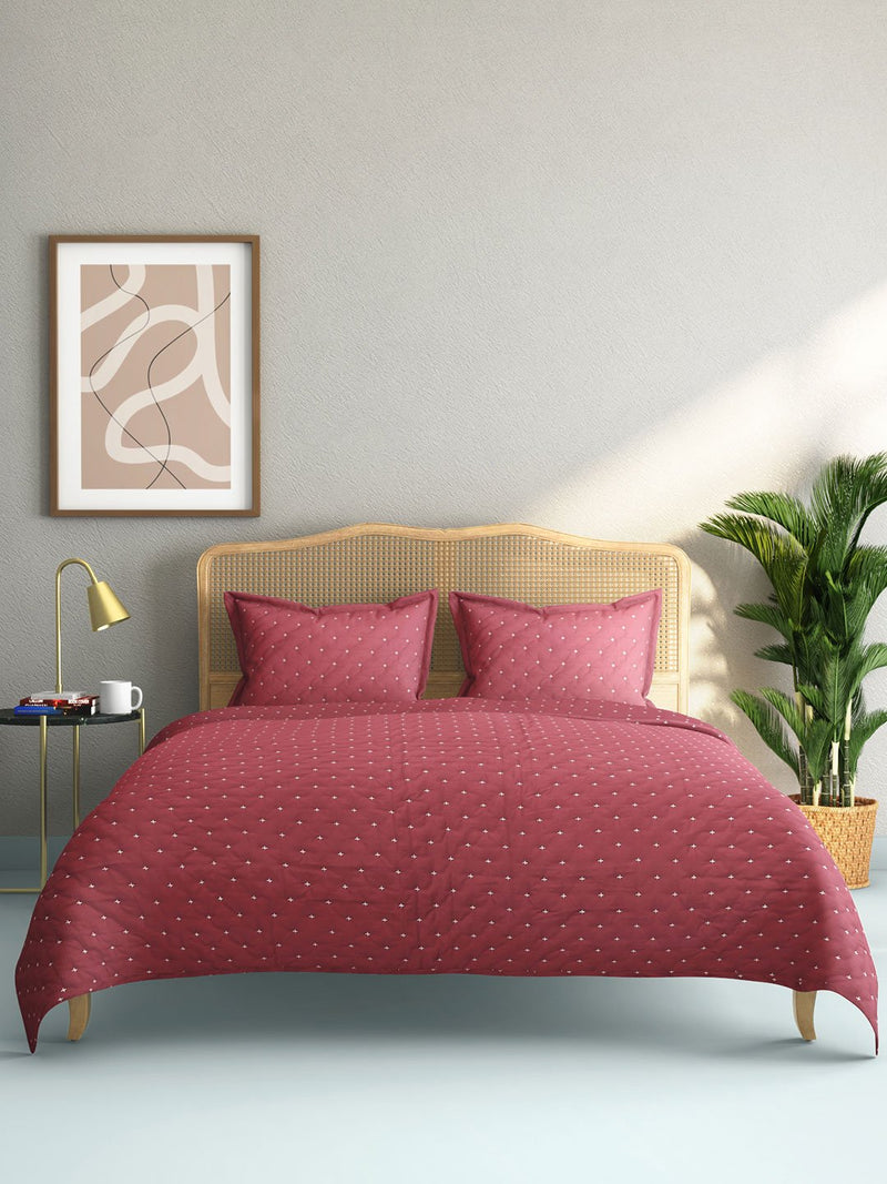 Westside Home Dark Pink Embroidered Quilted Double Bedcover With Pillowcases