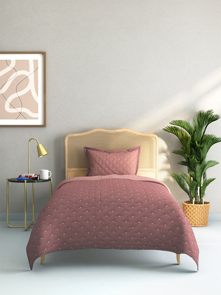 Westside Home Pink Embroidered Quilted Single Bedcover With Pillowcase