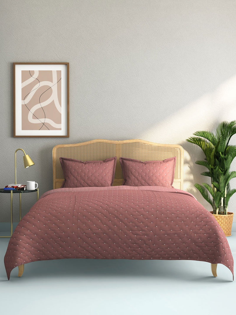 Westside Home Pink Embroidered Quilted Double Bedcover With Pillowcases