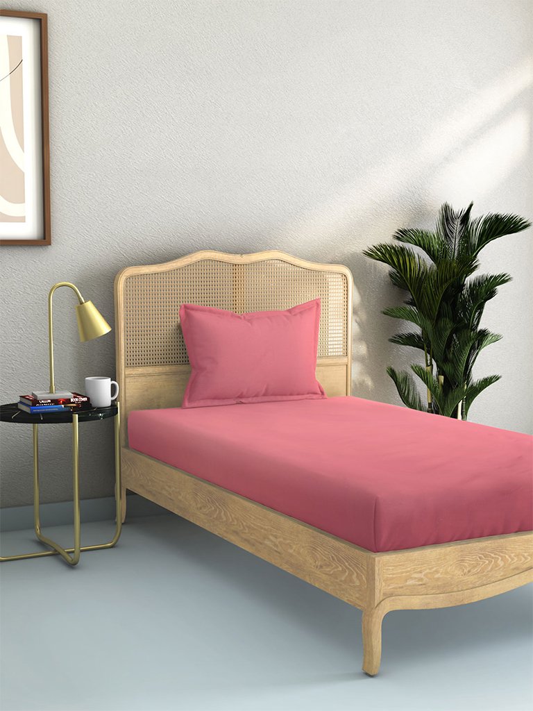 Westside Home Dark Pink 144 TC Single Bed Sheet And Pillowcase Set