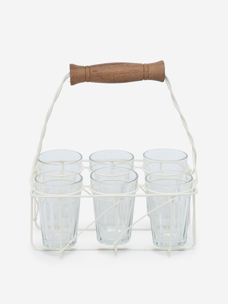 Westside Home Off-White Caddy With Six Tea Glasses