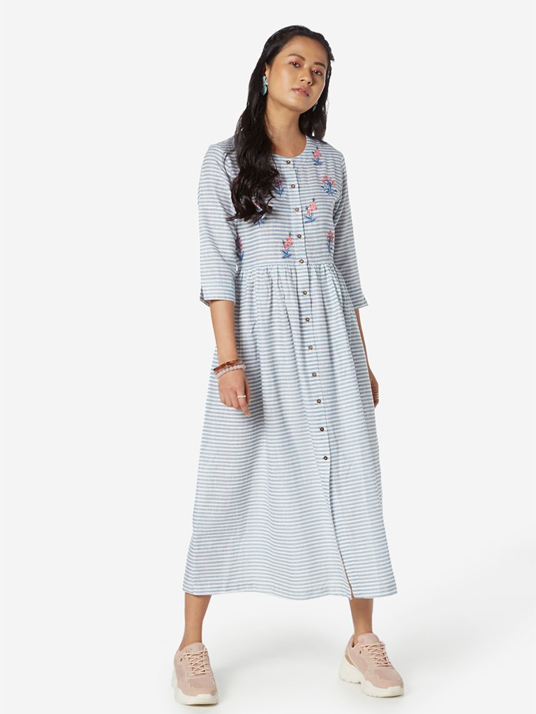 Bombay Paisley Blue Striped Fit-And-Flare Dress