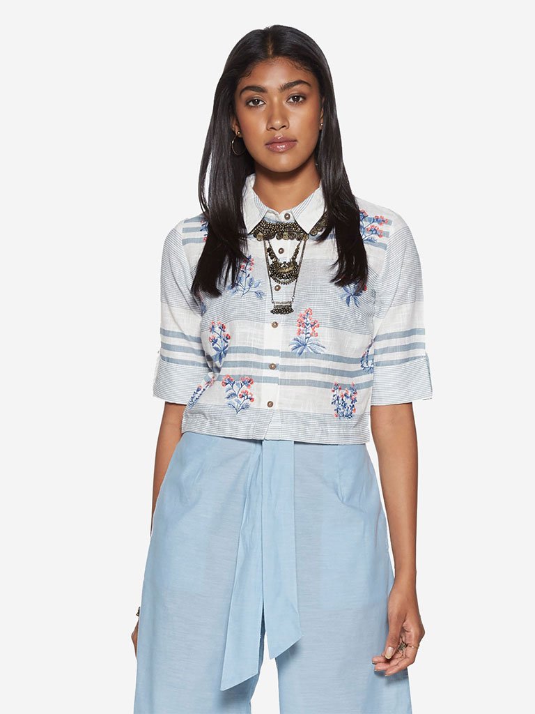 Bombay Paisley White Stripe And Floral Crop-Top