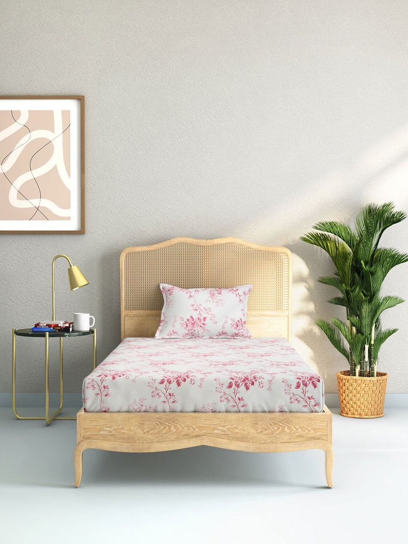 Westside Home Dark Pink And White 210 TC Sateen Single Bedsheet With Pillowcase