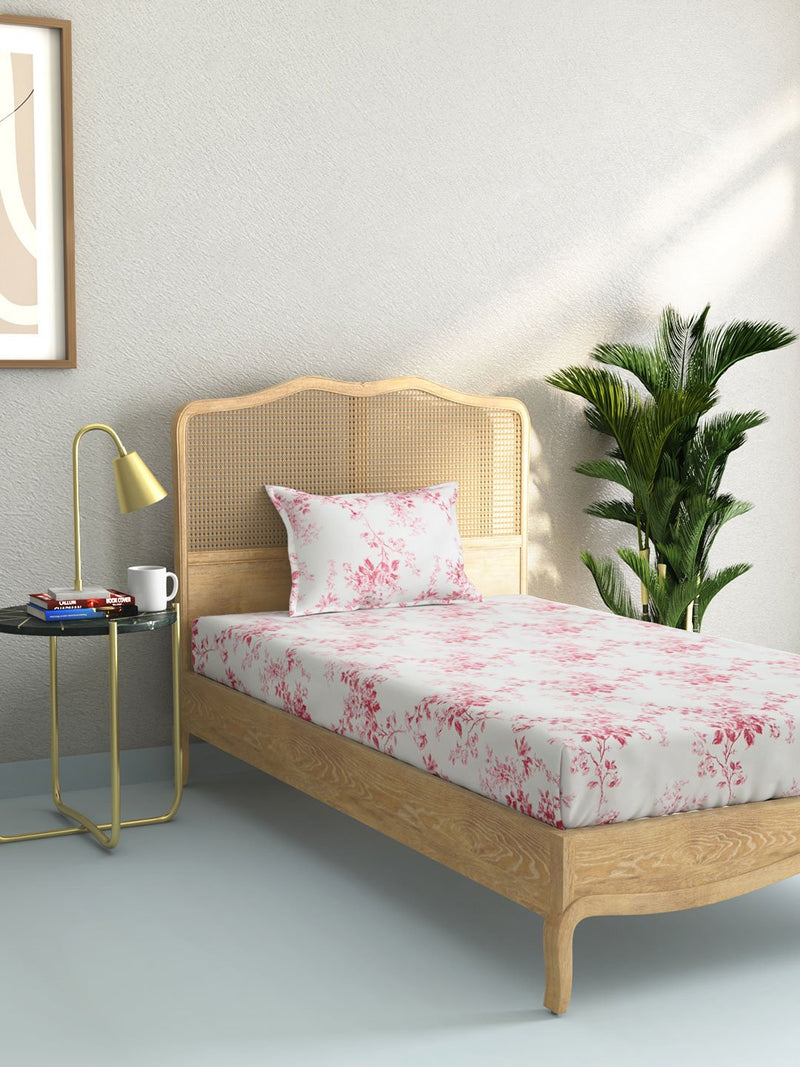 Westside Home Dark Pink And White 210 TC Sateen Single Bedsheet With Pillowcase