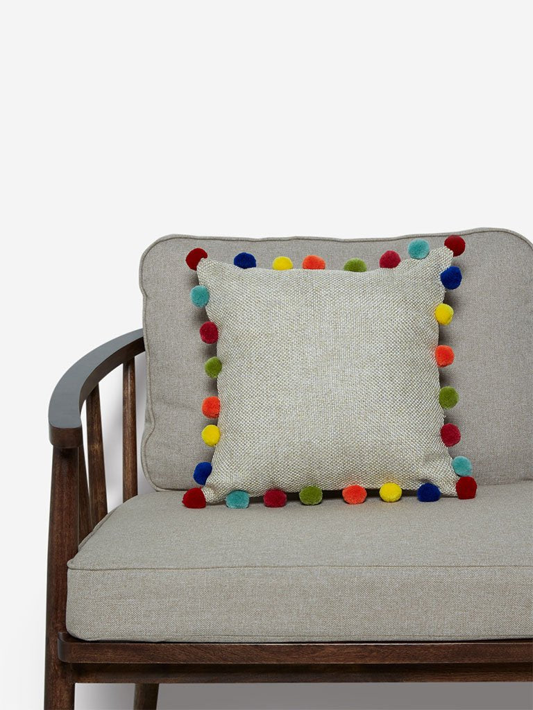 Westside Home Beige Pom-Pom Detailed Cushion Cover