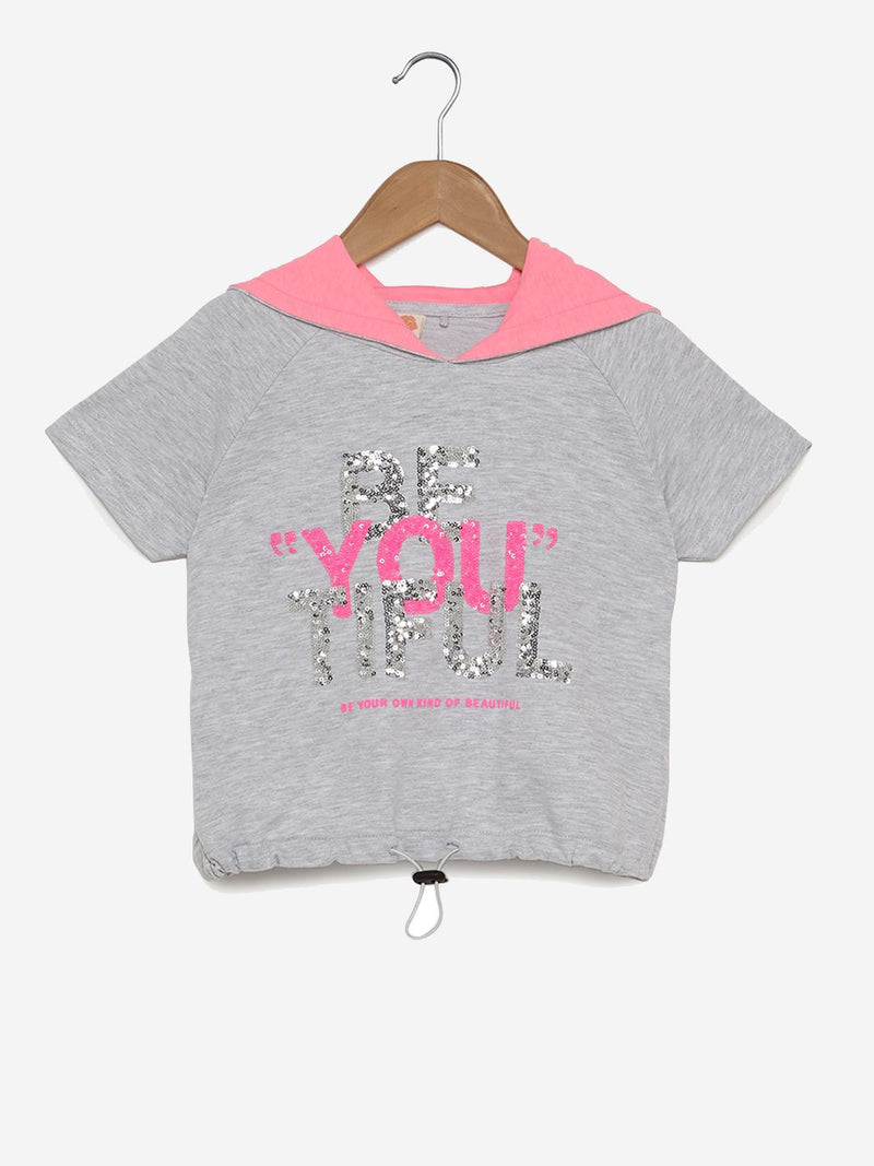 Y&F Kids Grey Melange Text Print Hooded T-Shirt