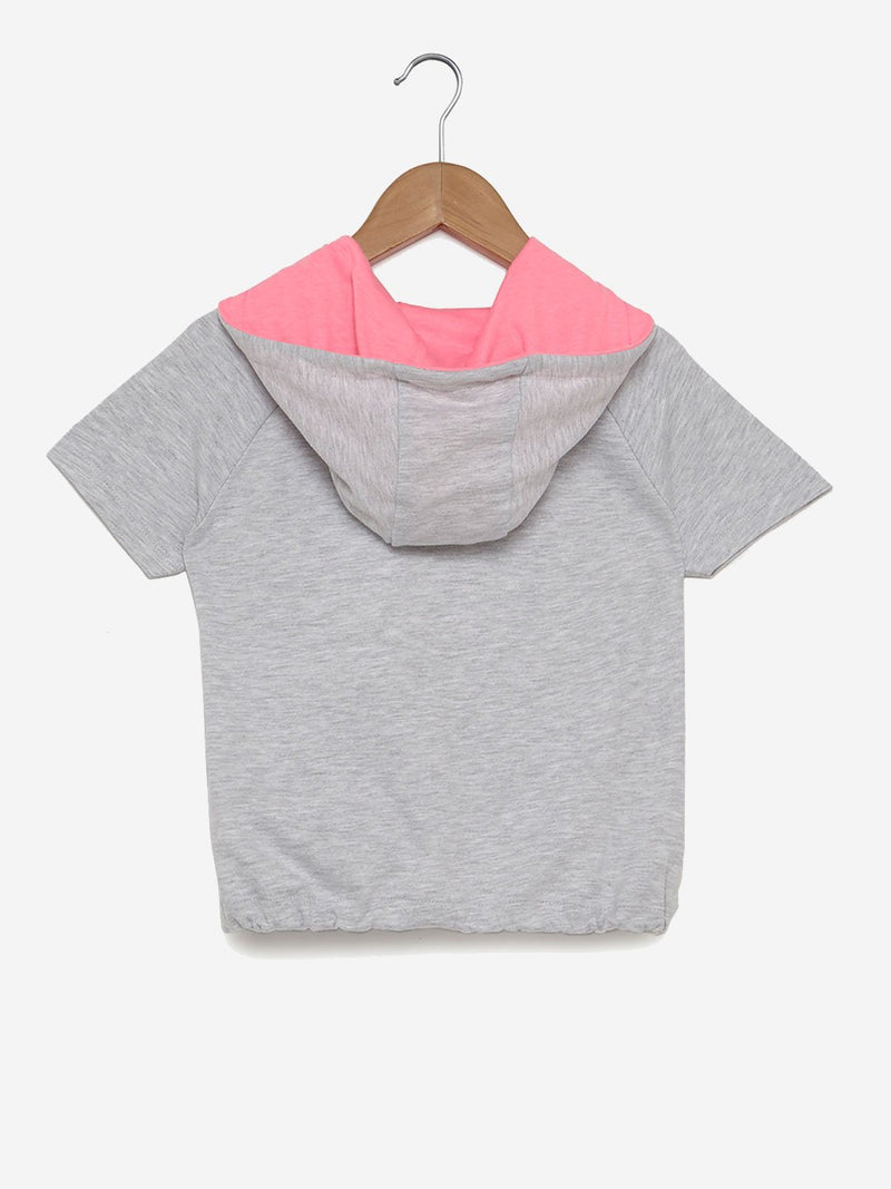 Y&F Kids Grey Melange Text Print Hooded T-Shirt