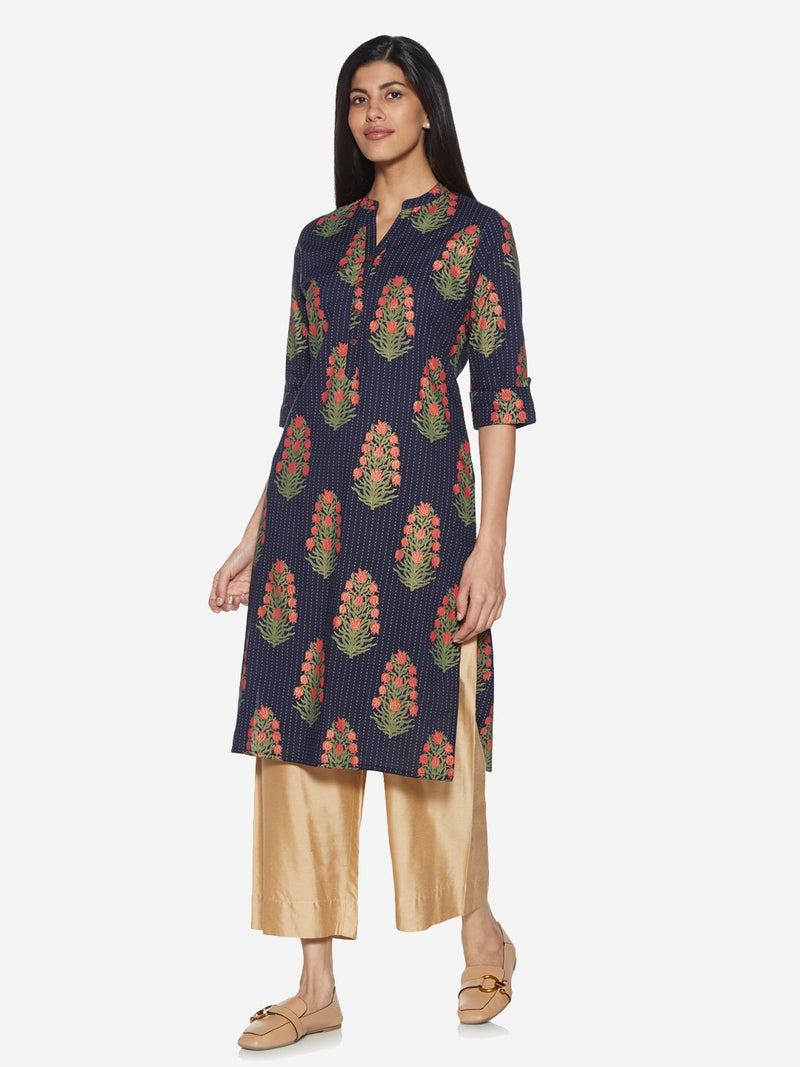 Utsa Indigo Floral Patterned Straight Kurta