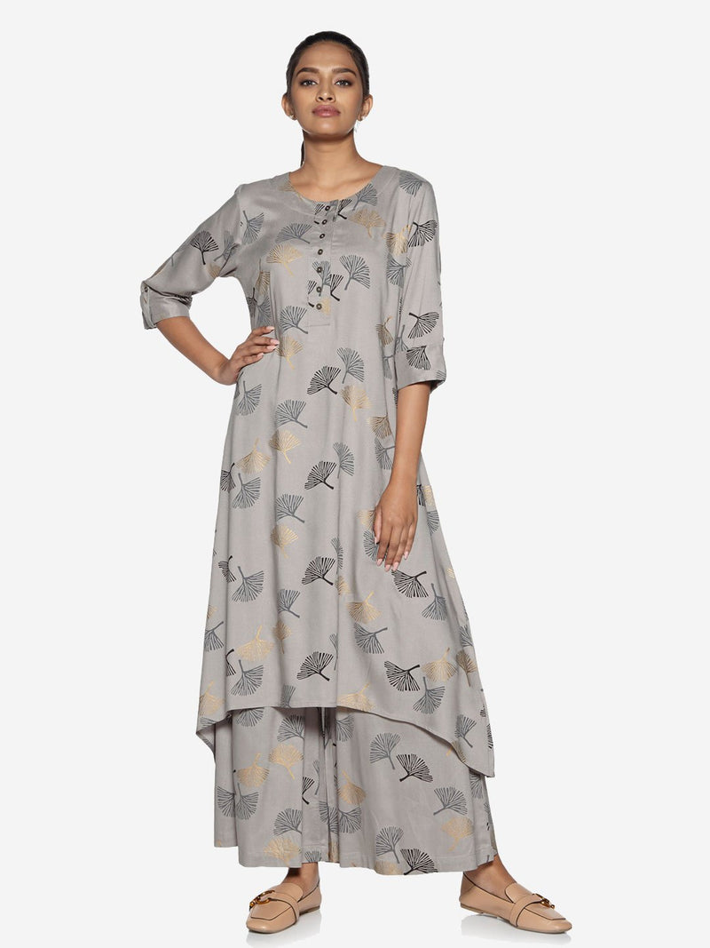 Utsa Light Grey Printed High-Low Kurta