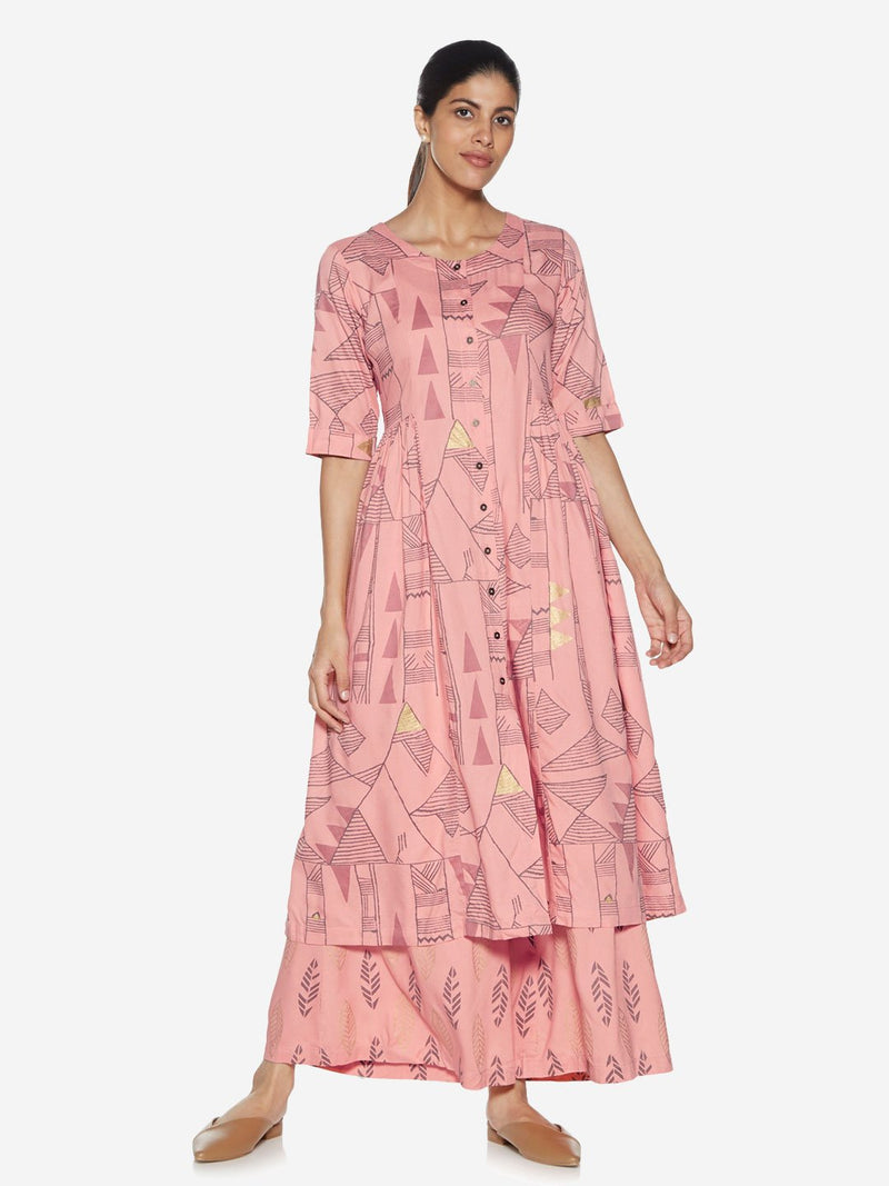 Utsa Blush Pink Printed Fit-And-Flare Kurta