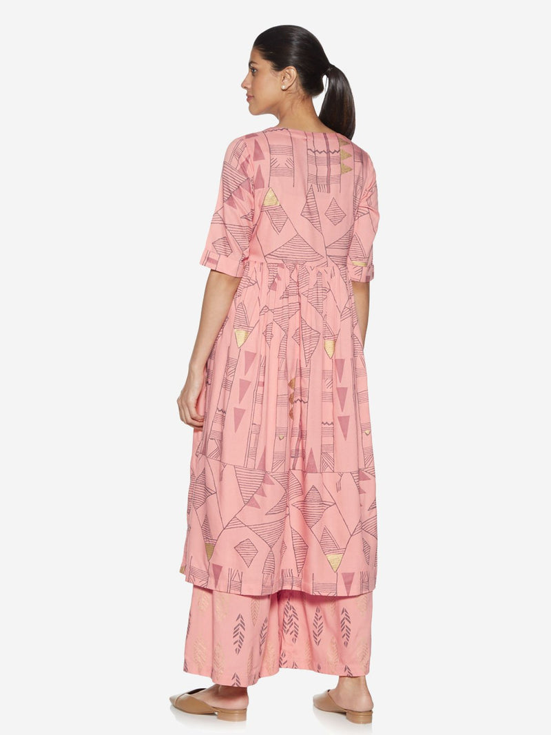 Utsa Blush Pink Printed Fit-And-Flare Kurta