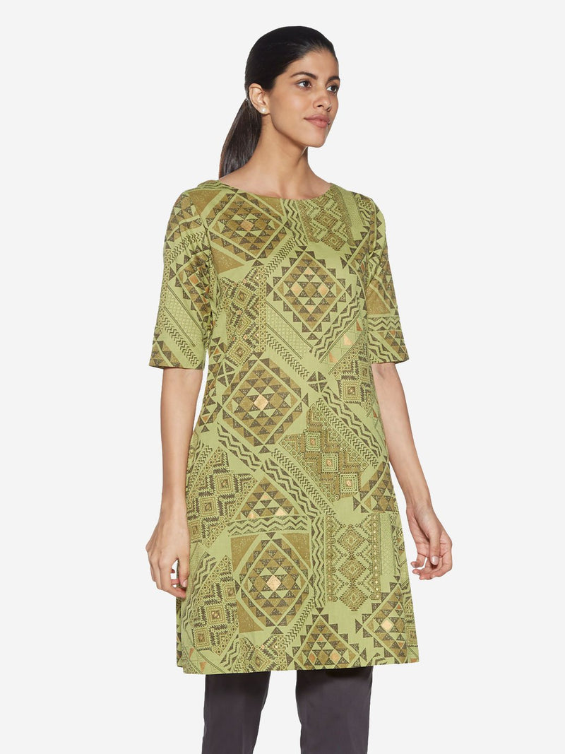 Utsa Green Geometrical Print A-line Kurti