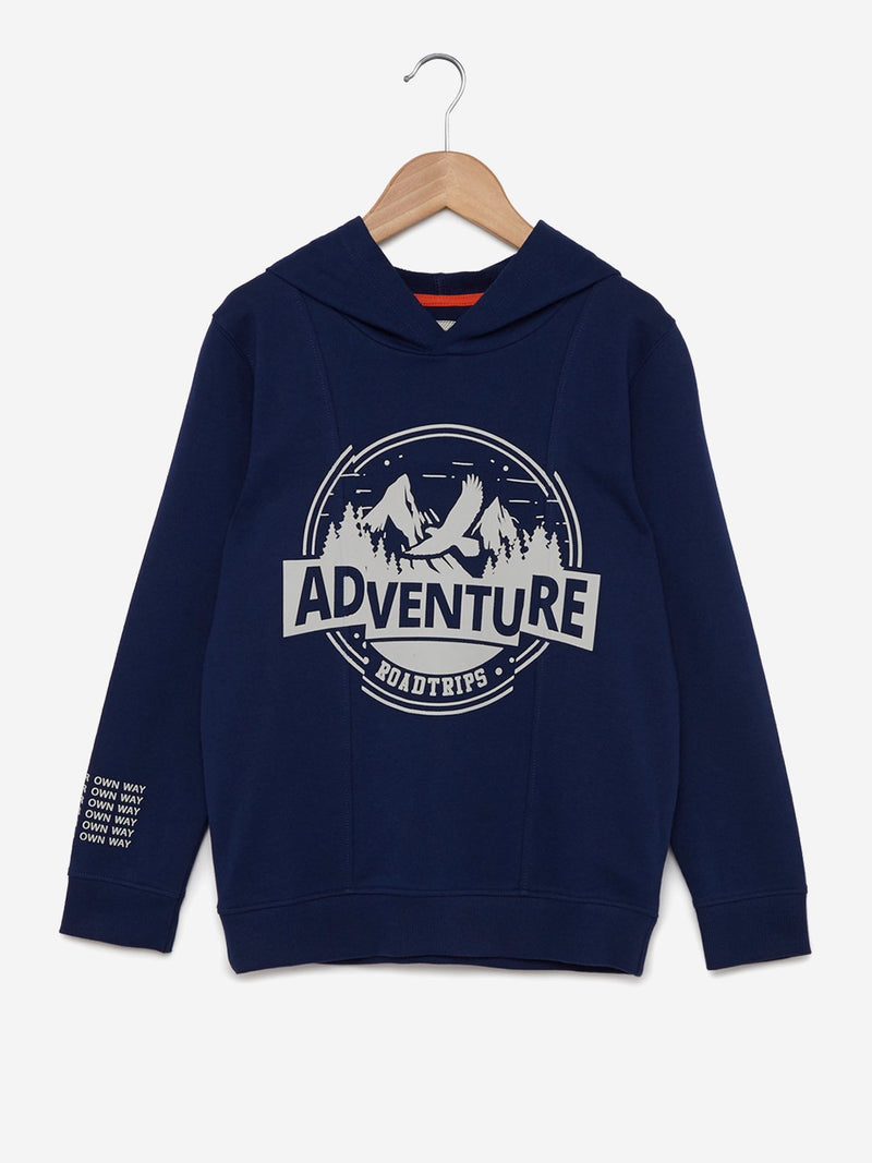 Y&F Kids Navy Printed Hooded T-Shirt