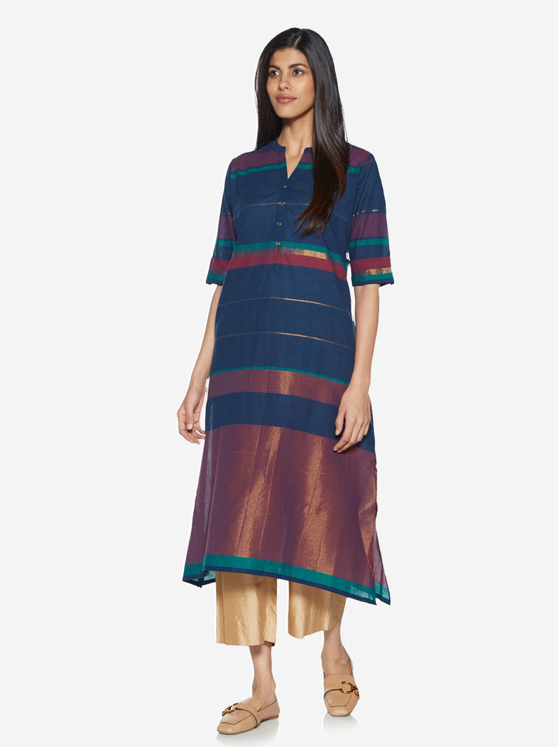 Utsa Indigo Stripe Patterned A-line Kurta