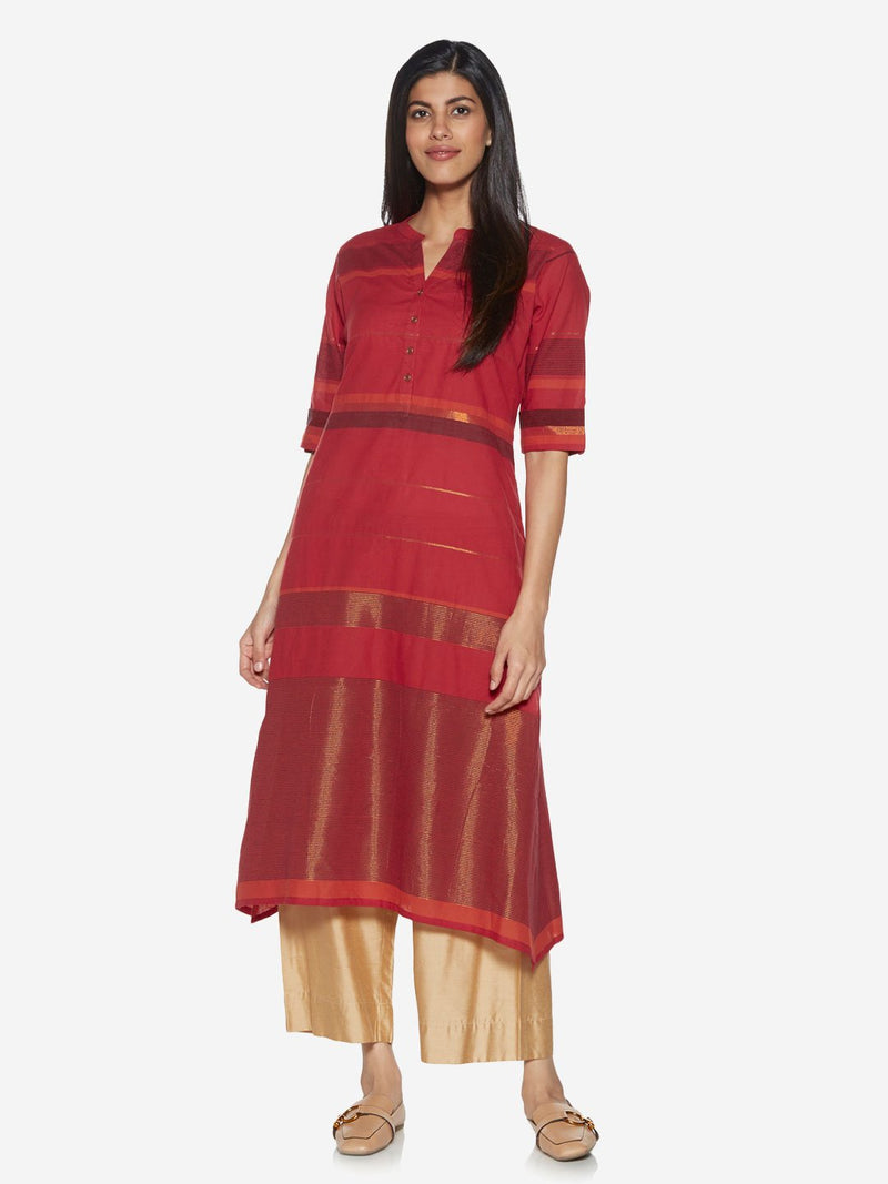Utsa Red Stripe Patterned A-line Kurta