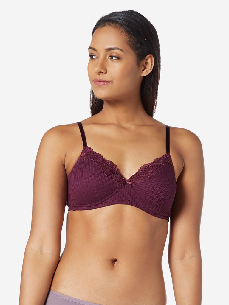 Wunderlove Burgundy Lace Detailed Ribbed Bra