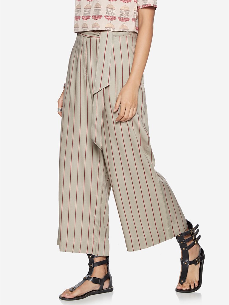 Bombay Paisley Grey Striped Palazzos With Belt