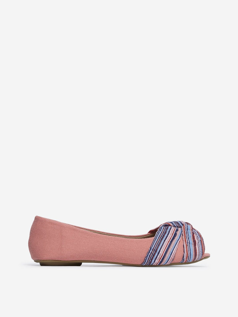 Yellow Peach Striped Peep-toe Flats