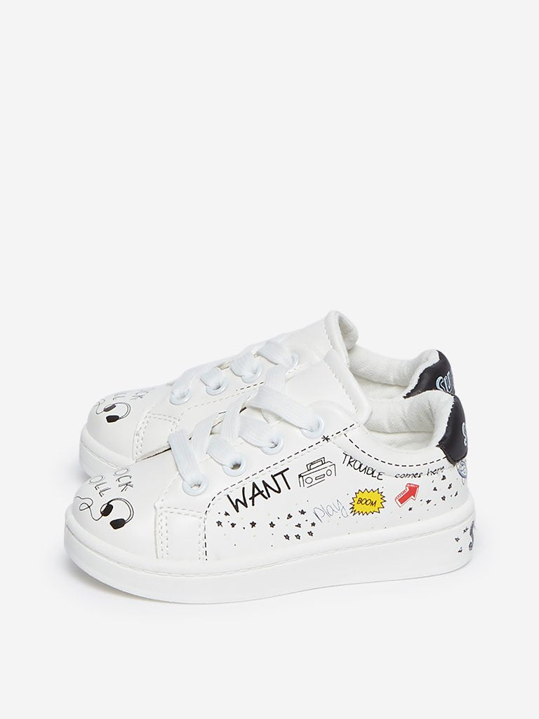 Yellow Kids White Graffiti Patterned Sneakers