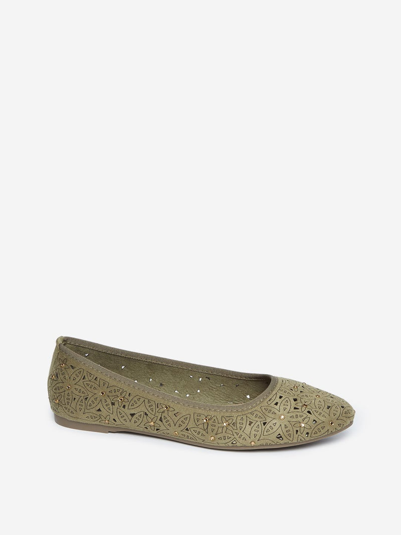 LUNA BLU Olive Floral Laser-Cut Ballet Flats