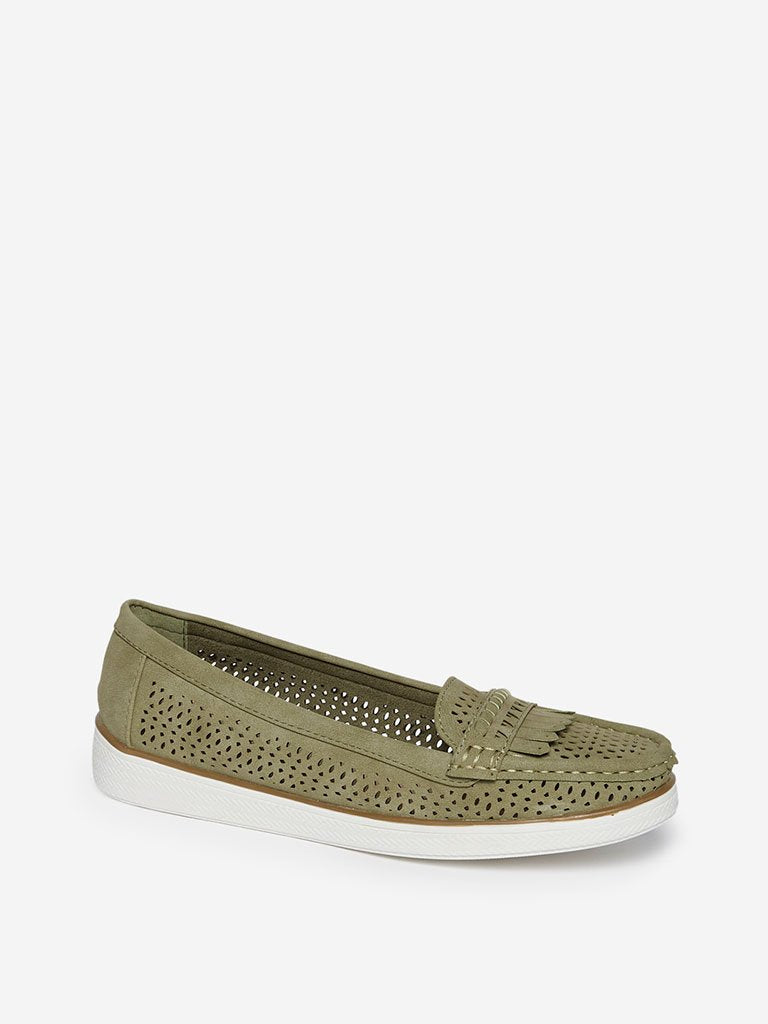 LUNA BLU Sage Green Laser-Cut Loafers