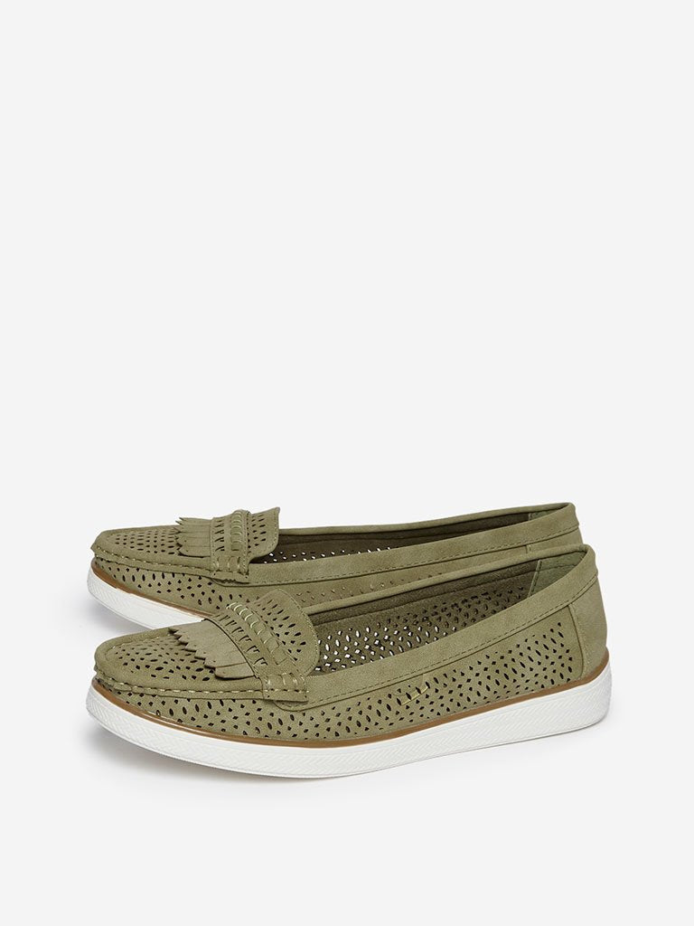 LUNA BLU Sage Green Laser-Cut Loafers
