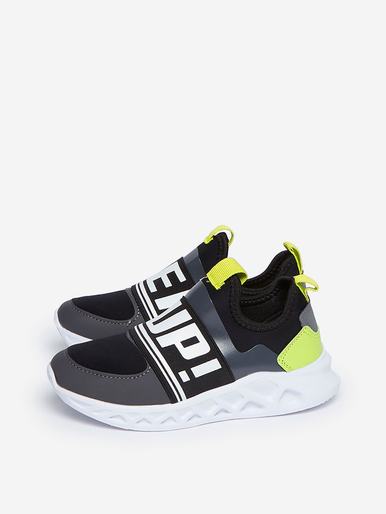 Yellow Kids Black Text Pattern Sneakers