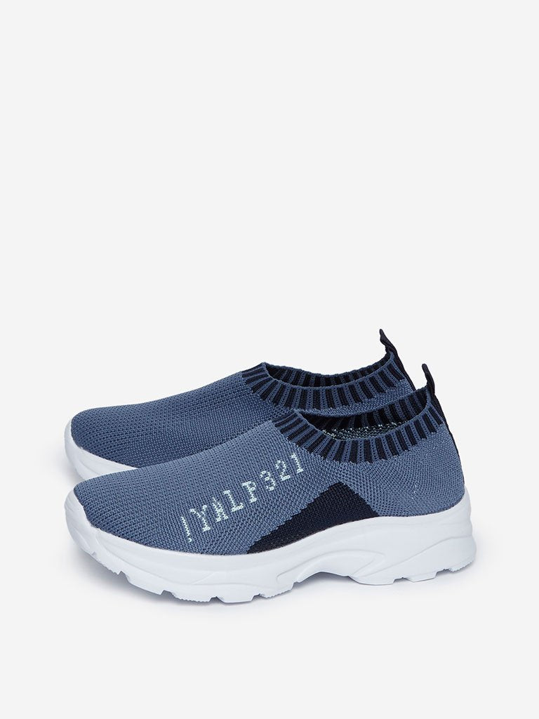 Yellow Kids Blue Knitted Slip-On Loafers