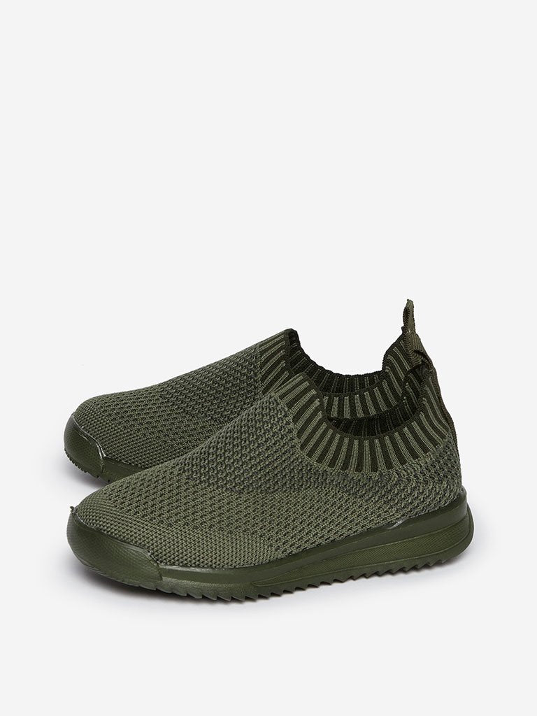 Yellow Kids Olive Knit Slip-On Sneakers