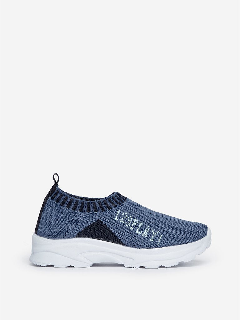 Yellow Kids Blue Knitted Slip-On Loafers