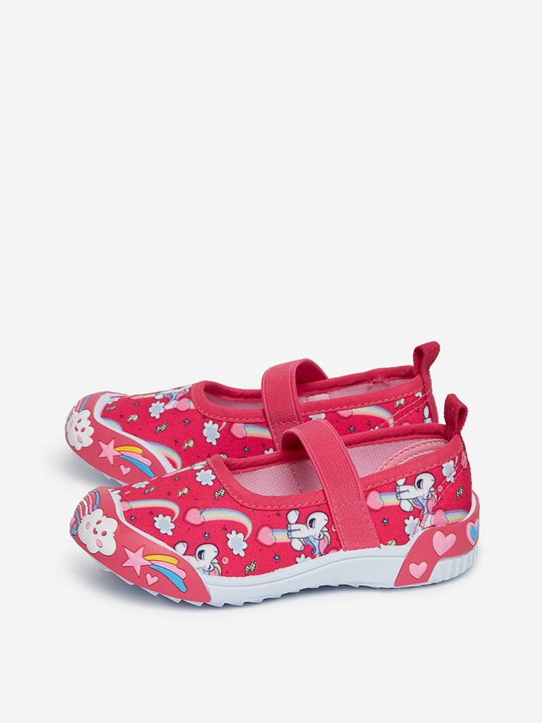 Yellow Kids Dark Pink Unicorn Print Ballet Shoes