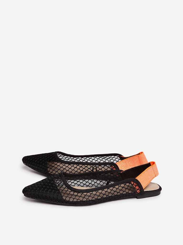 LUNA BLU Black Mesh-Detailed Sling-Back Flats