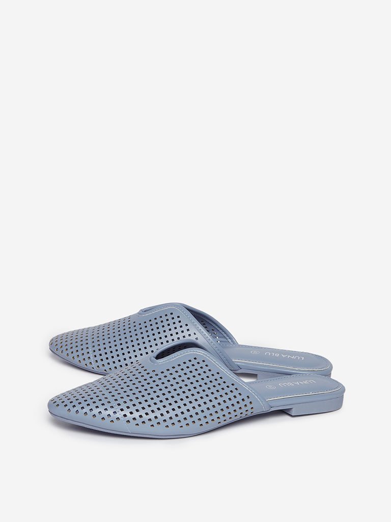 LUNA BLU Blue Laser-Cut Detailed Mules