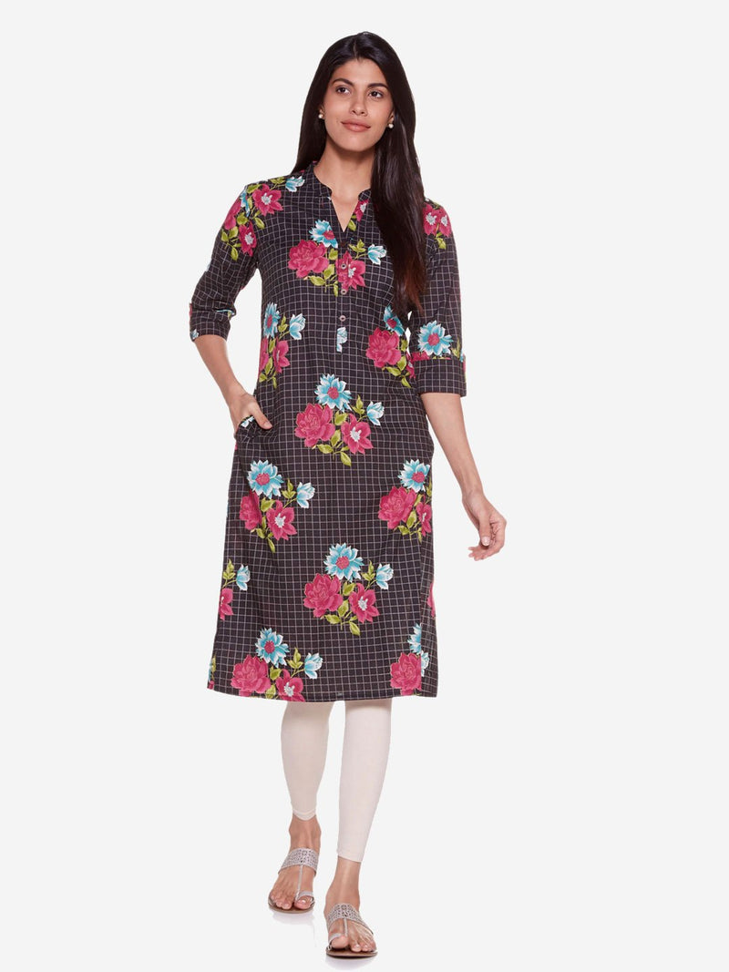 Utsa Black Pure Cotton Floral Straight Kurta