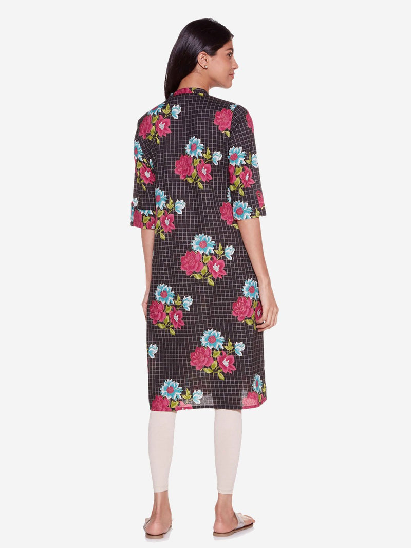 Utsa Black Pure Cotton Floral Straight Kurta