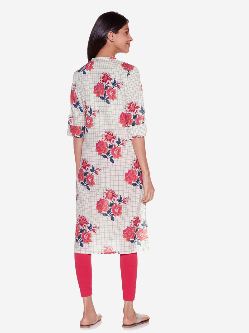 Utsa Off White Pure Cotton Floral Straight Kurta