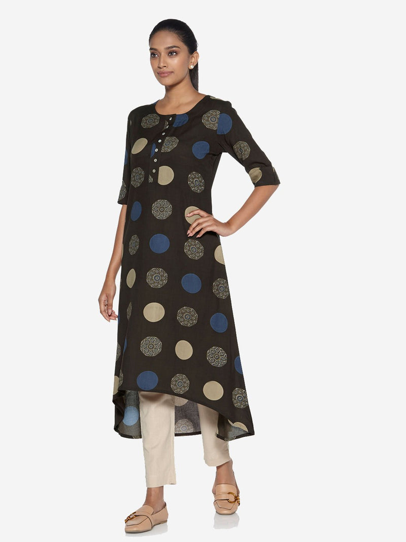 Utsa Charcoal Circular Print High-Low Kurti
