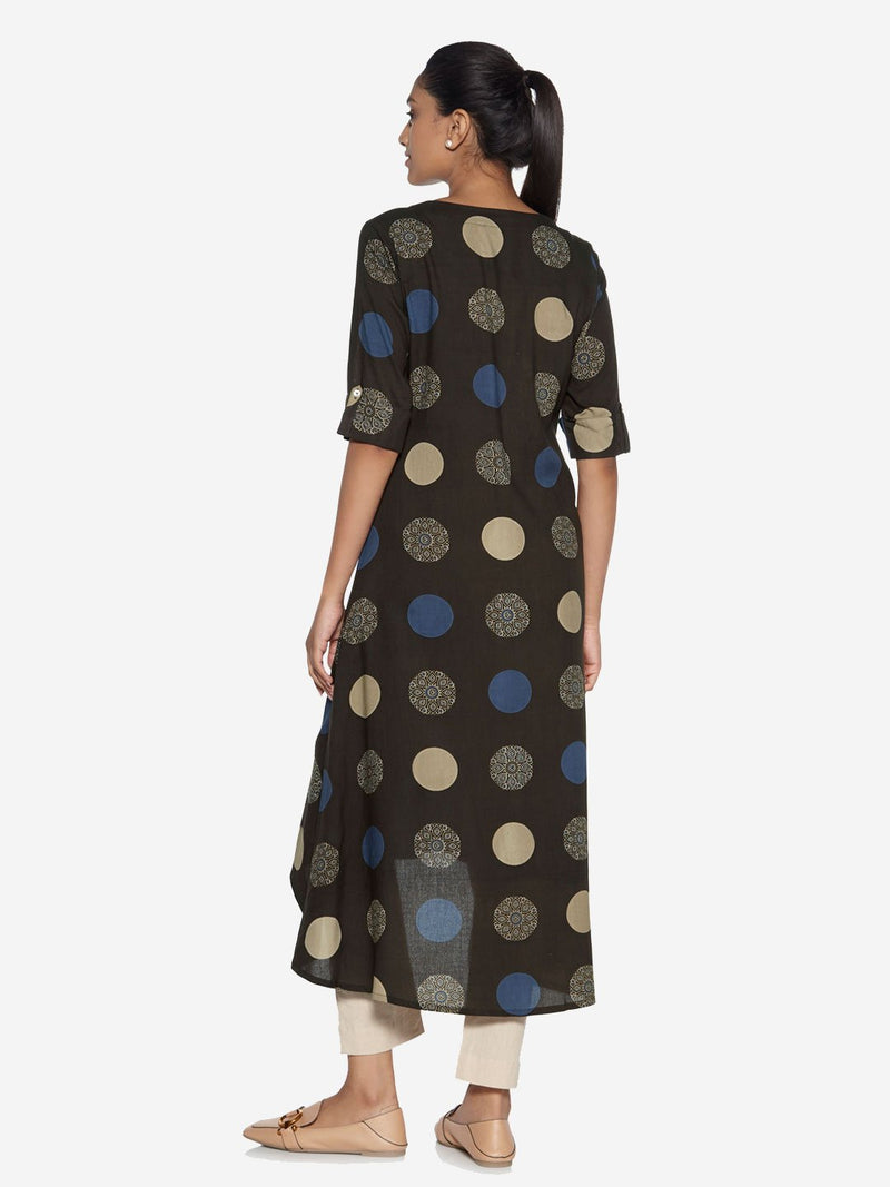 Utsa Charcoal Circular Print High-Low Kurti