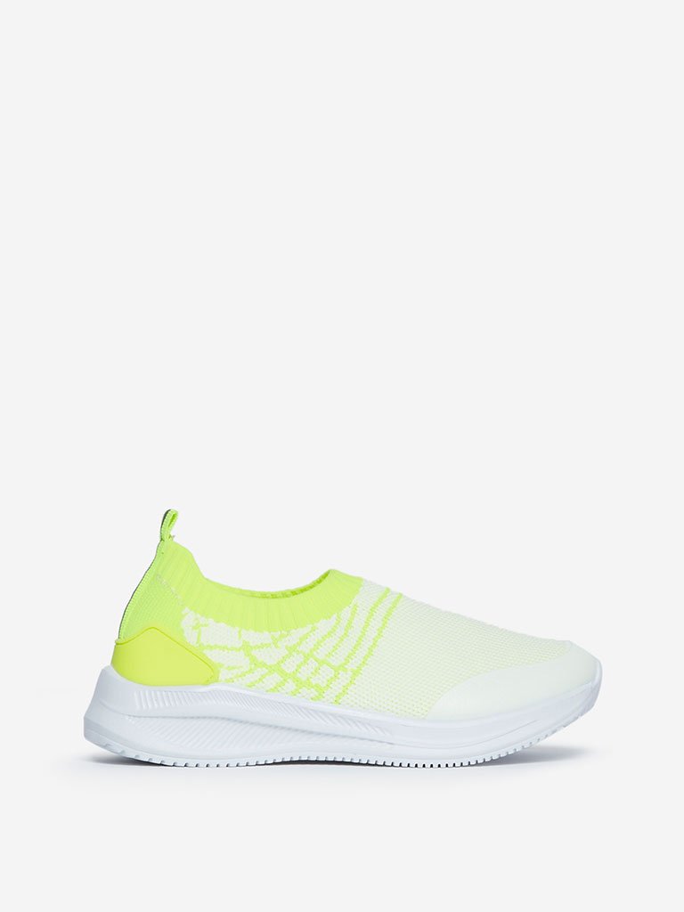 Yellow Kids White Knit Slip-On Sneakers