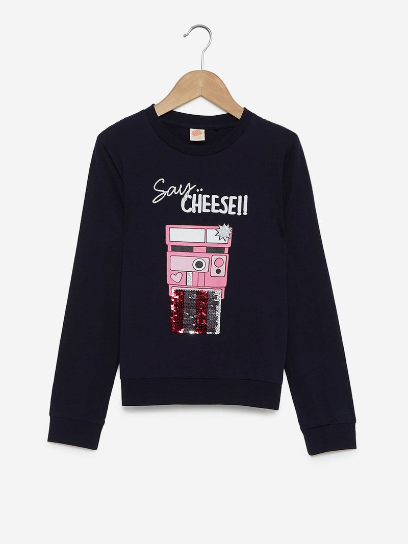 Y&F Kids Navy Printed Pure Cotton T-Shirt