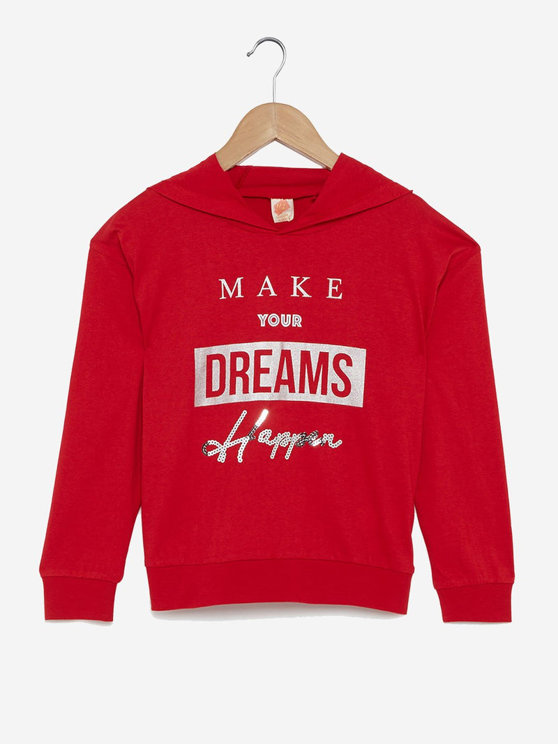 Y&F Kids Red Text Print Hooded T-Shirt