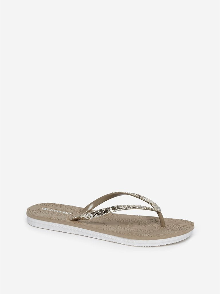 LUNA BLU Light Brown Leaf Patterned Flip-Flops