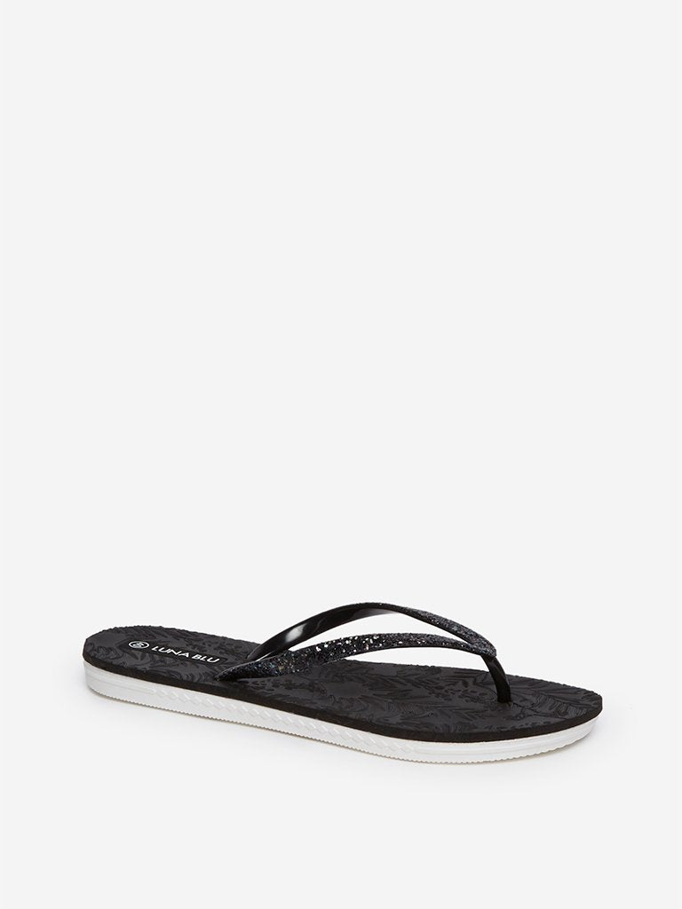 LUNA BLU Black Leaf Patterned Flip-Flops