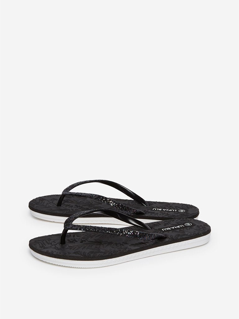 LUNA BLU Black Leaf Patterned Flip-Flops