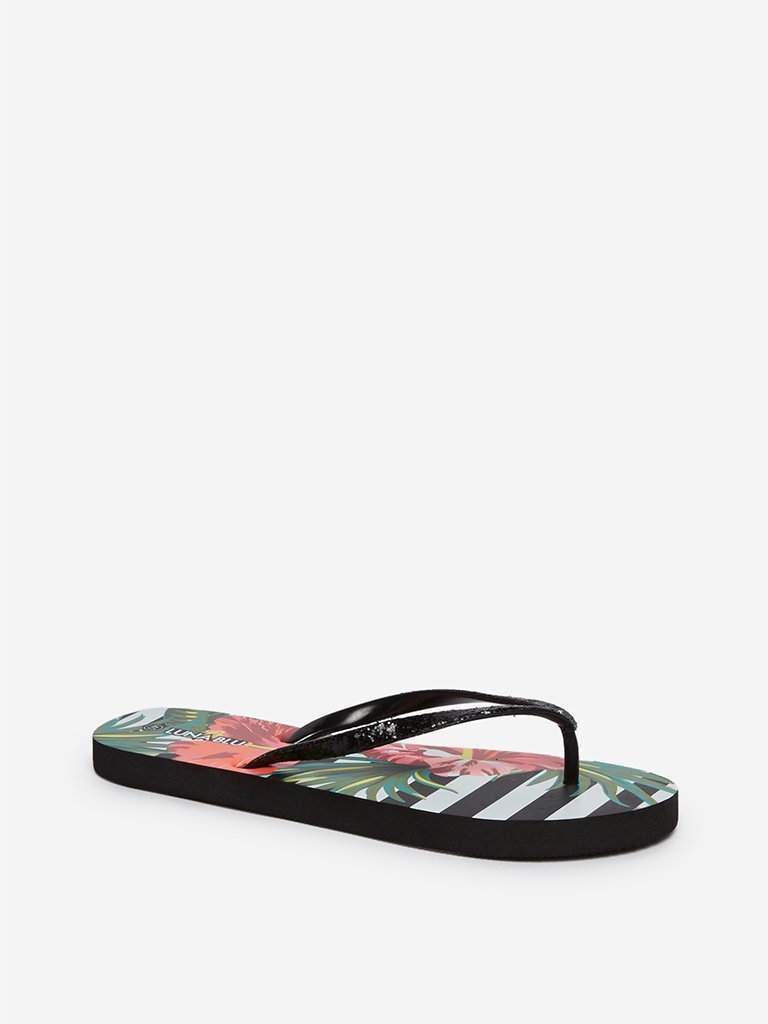 LUNA BLU Black Tropical Striped Print Flip-Flops