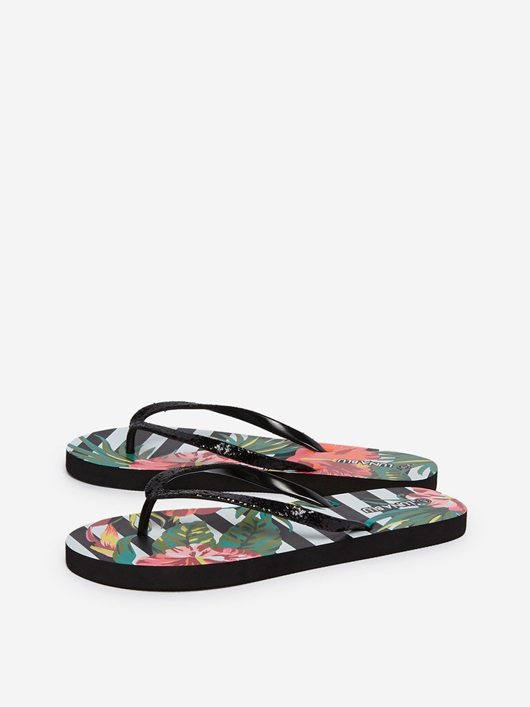 LUNA BLU Black Tropical Striped Print Flip-Flops