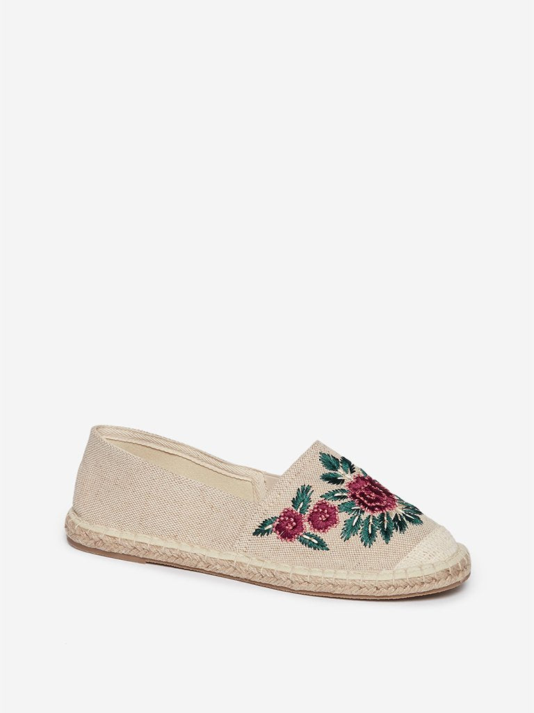 LUNA BLU Off White Floral Embroidery Espadrilles